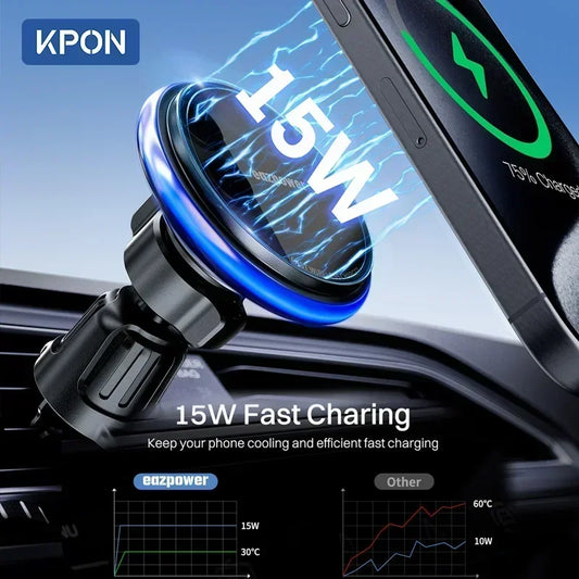 KPON Magnetic Car Phone Holder Wireless Charging Adjustable 360° 15W Air Vent Universal for Iphone 14 15 16 Smartphone Stand