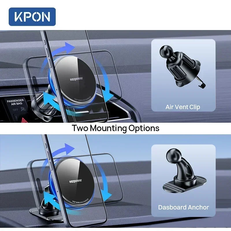 KPON Magnetic Car Phone Holder Wireless Charging Adjustable 360° 15W Air Vent Universal for Iphone 14 15 16 Smartphone Stand