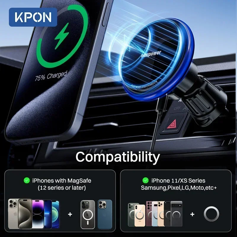 KPON Magnetic Car Phone Holder Wireless Charging Adjustable 360° 15W Air Vent Universal for Iphone 14 15 16 Smartphone Stand