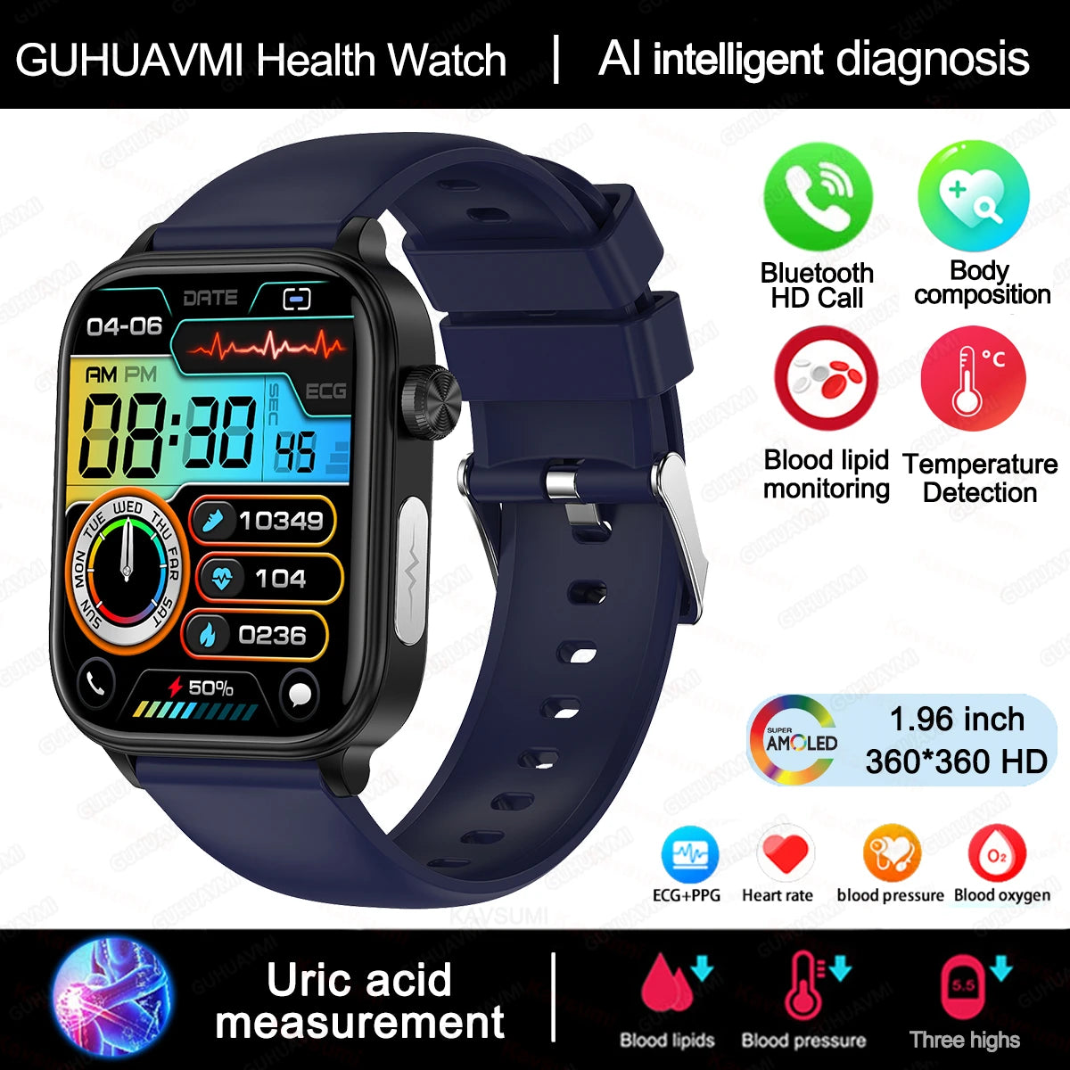 2025 New Al Science Diagnosis Blood Lipids Uric Acid Blood Oxygen Smart Watch Men ECG+PPG Voice Bluetooth Call Health Smartwatch