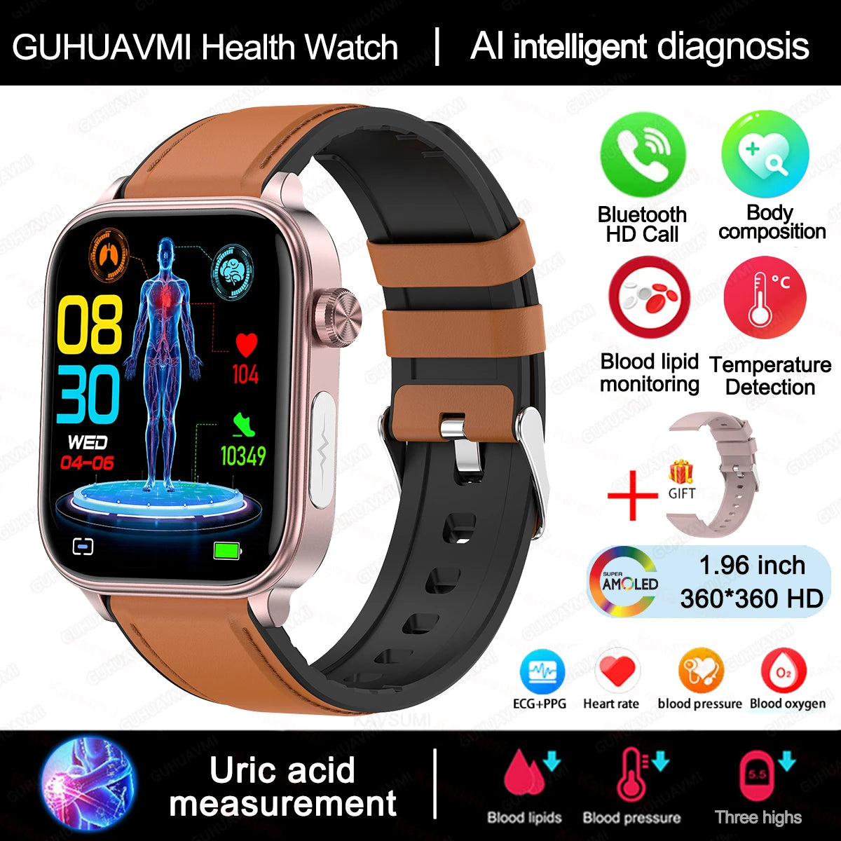 2025 New Al Science Diagnosis Blood Lipids Uric Acid Blood Oxygen Smart Watch Men ECG+PPG Voice Bluetooth Call Health Smartwatch
