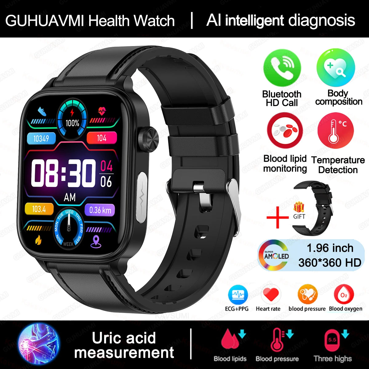2025 New Al Science Diagnosis Blood Lipids Uric Acid Blood Oxygen Smart Watch Men ECG+PPG Voice Bluetooth Call Health Smartwatch