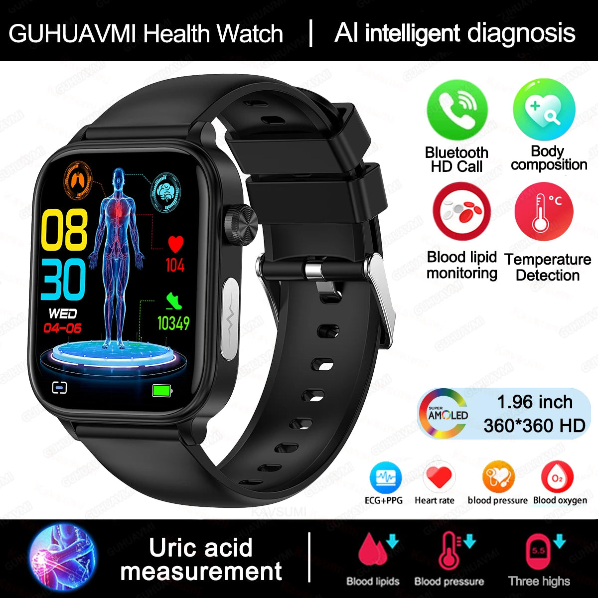 2025 New Al Science Diagnosis Blood Lipids Uric Acid Blood Oxygen Smart Watch Men ECG+PPG Voice Bluetooth Call Health Smartwatch