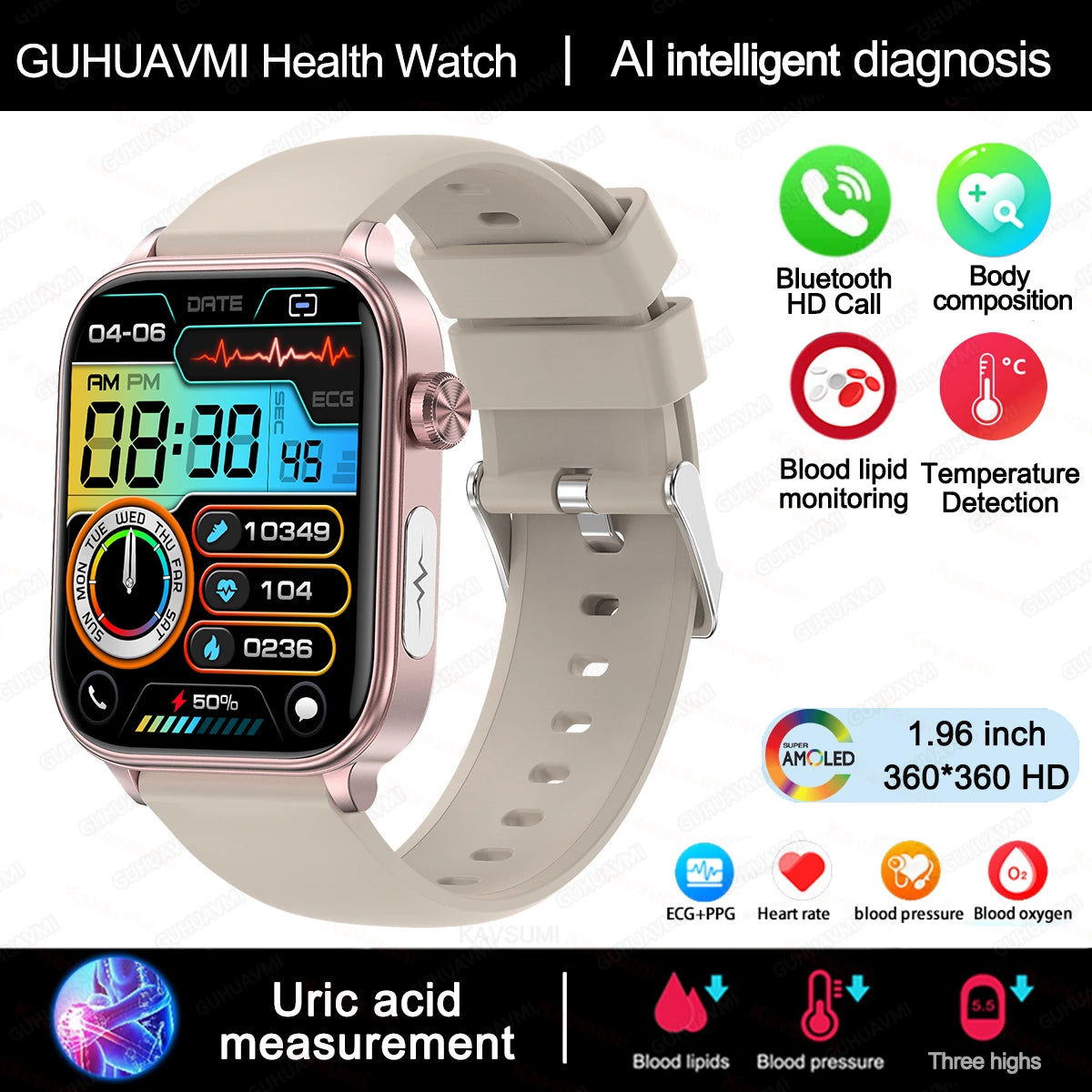 2025 New Al Science Diagnosis Blood Lipids Uric Acid Blood Oxygen Smart Watch Men ECG+PPG Voice Bluetooth Call Health Smartwatch
