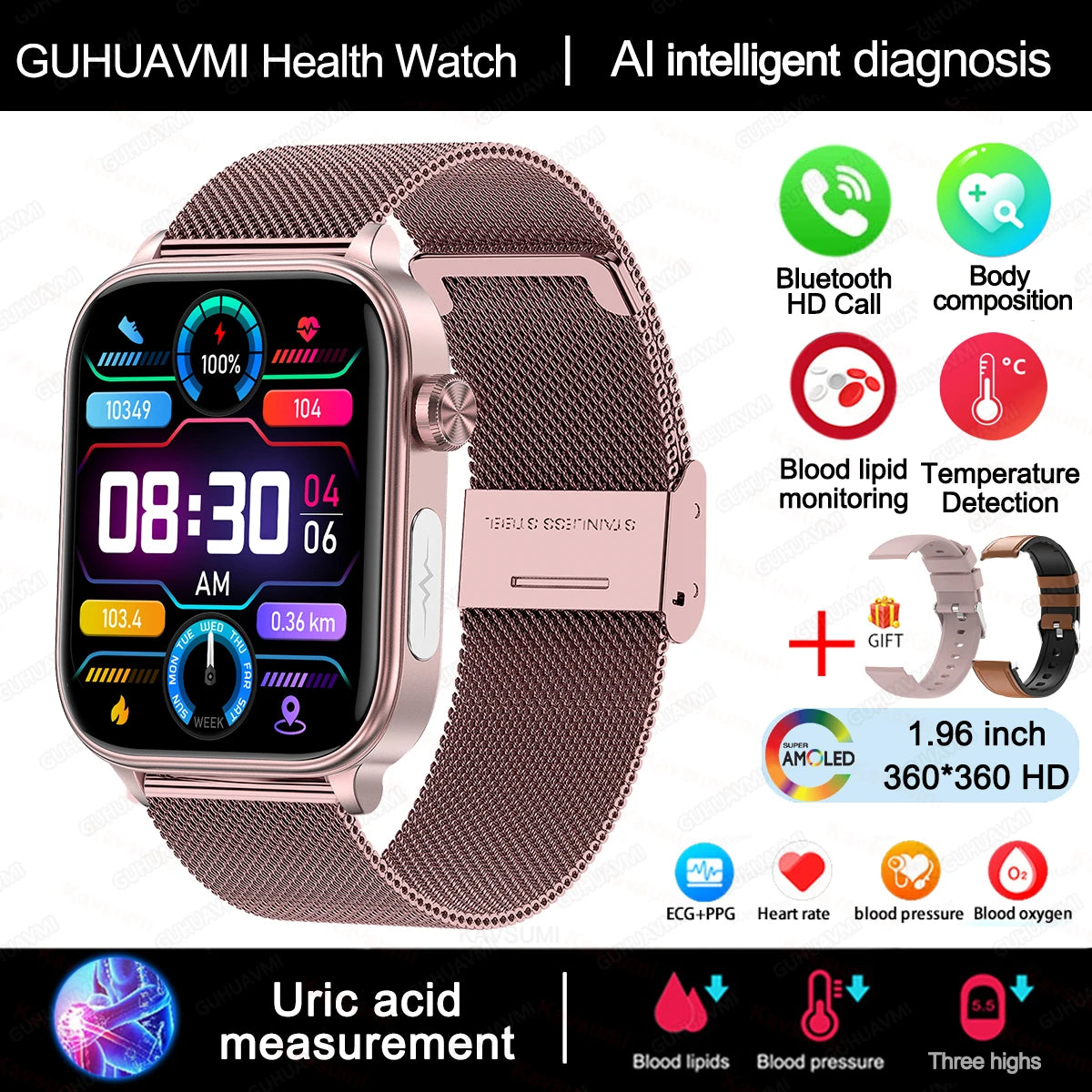 2025 New Al Science Diagnosis Blood Lipids Uric Acid Blood Oxygen Smart Watch Men ECG+PPG Voice Bluetooth Call Health Smartwatch