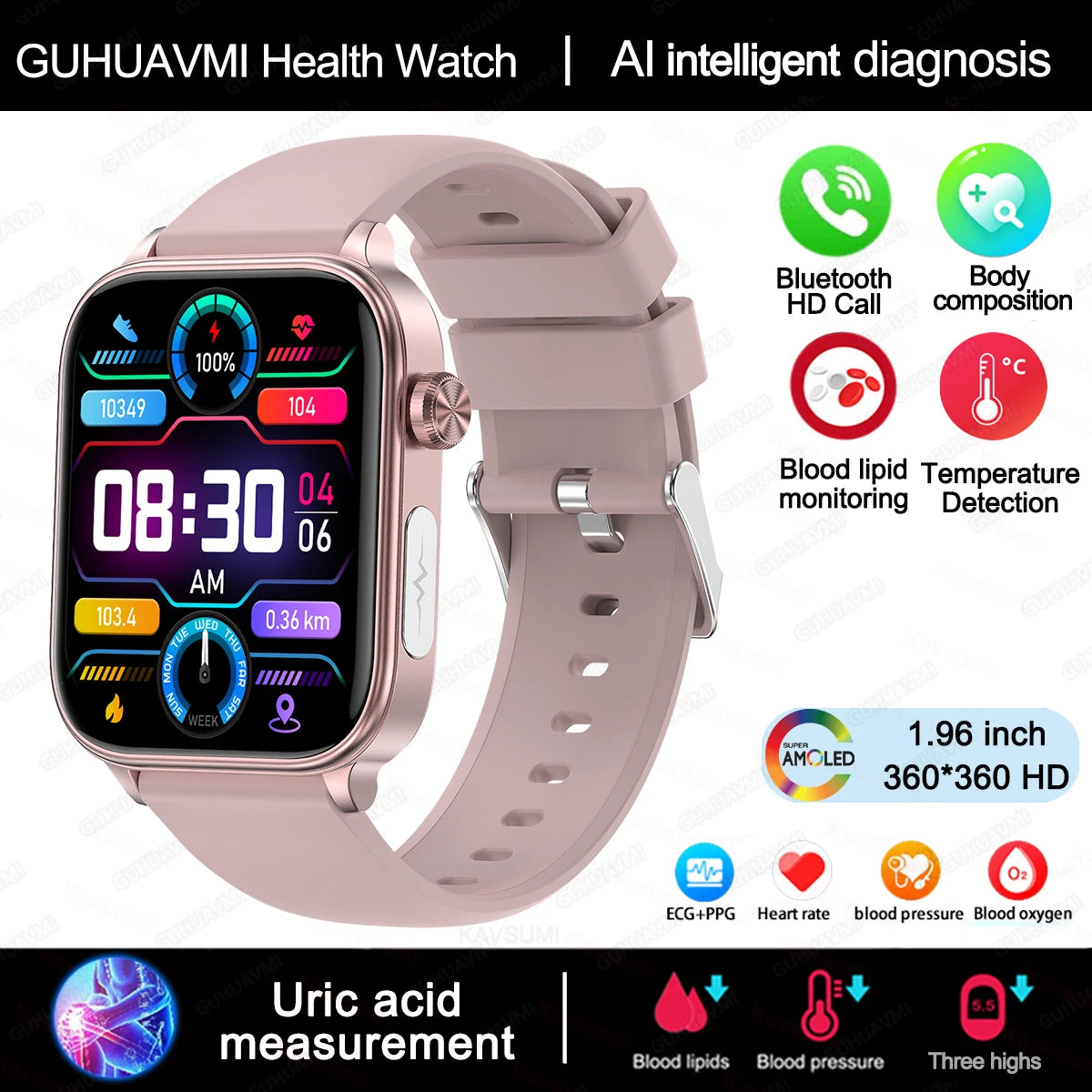 2025 New Al Science Diagnosis Blood Lipids Uric Acid Blood Oxygen Smart Watch Men ECG+PPG Voice Bluetooth Call Health Smartwatch