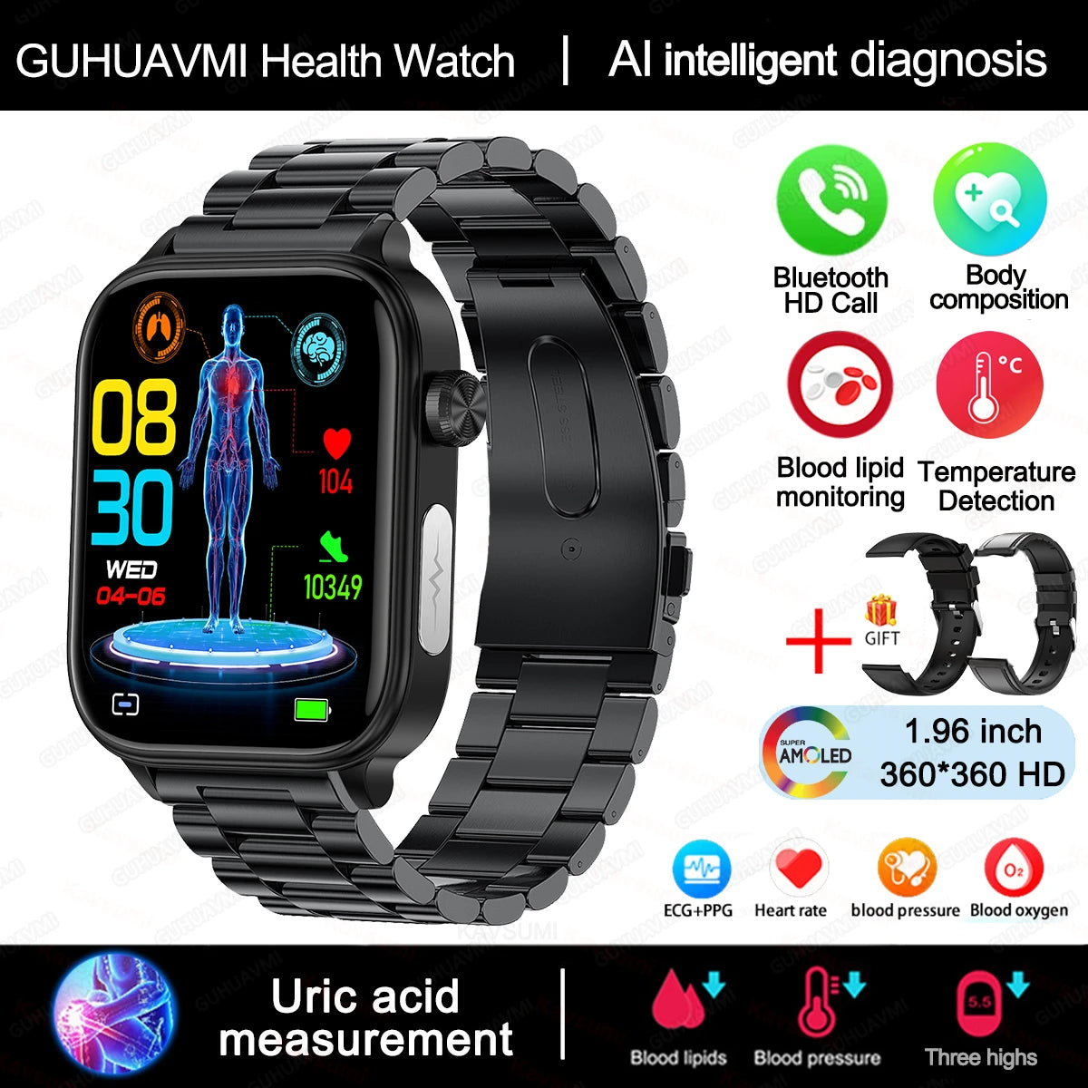 2025 New Al Science Diagnosis Blood Lipids Uric Acid Blood Oxygen Smart Watch Men ECG+PPG Voice Bluetooth Call Health Smartwatch