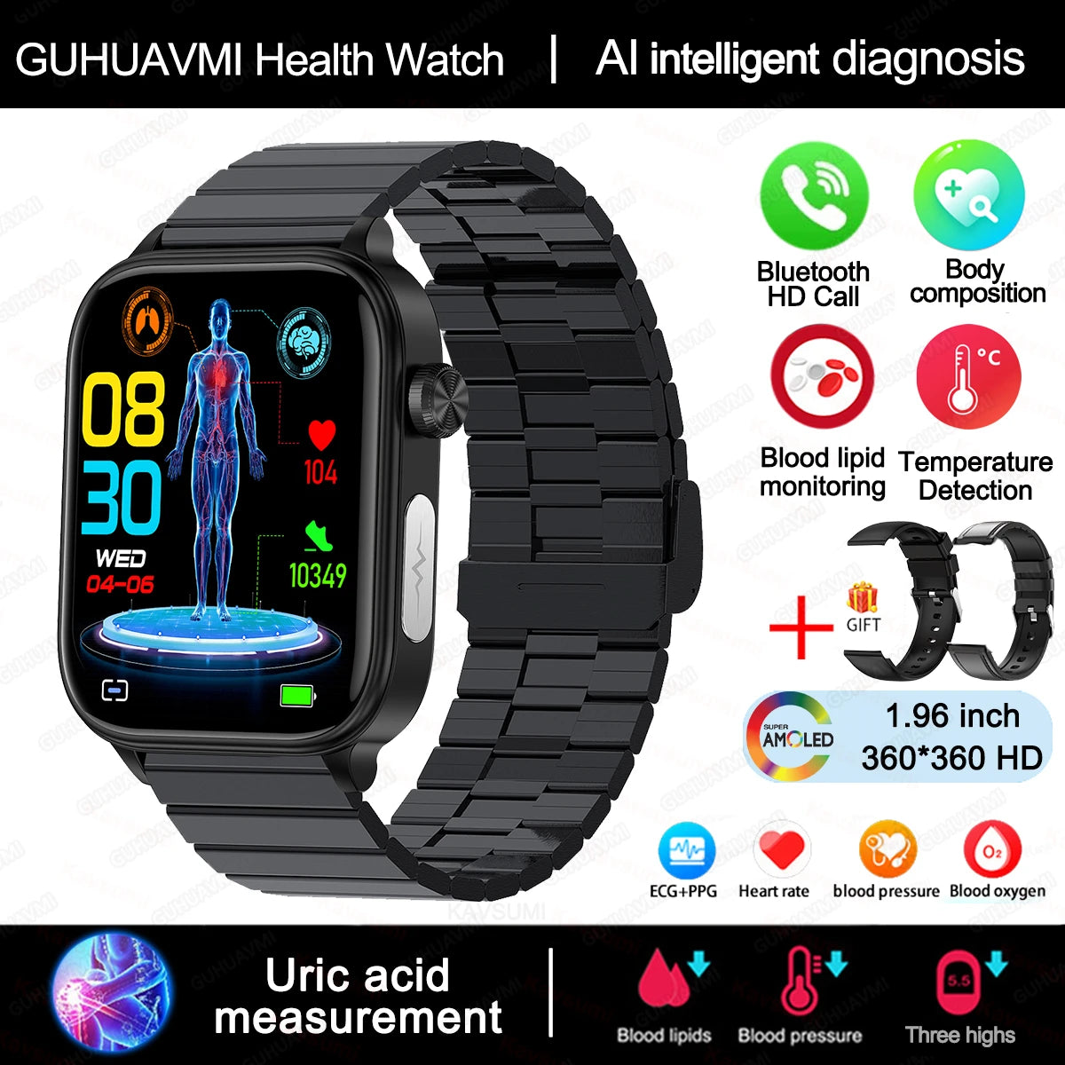 2025 New Al Science Diagnosis Blood Lipids Uric Acid Blood Oxygen Smart Watch Men ECG+PPG Voice Bluetooth Call Health Smartwatch