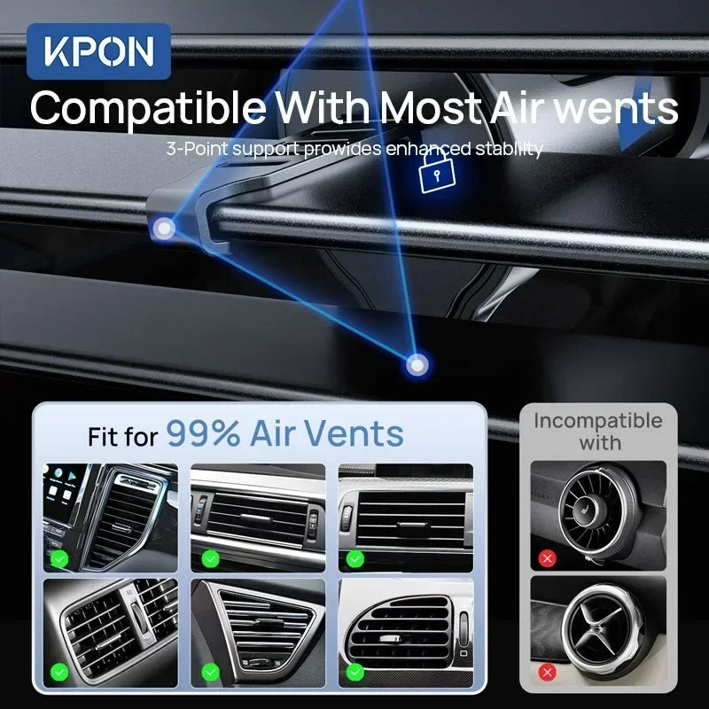 KPON Magnetic Car Phone Holder Wireless Charging Adjustable 360° 15W Air Vent Universal for Iphone 14 15 16 Smartphone Stand