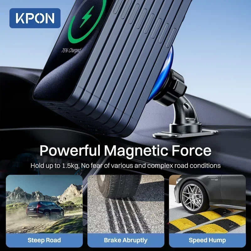 KPON Magnetic Car Phone Holder Wireless Charging Adjustable 360° 15W Air Vent Universal for Iphone 14 15 16 Smartphone Stand
